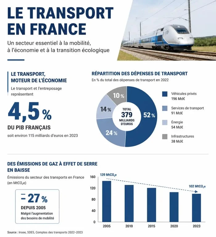 Infographie des statistiques du transport en France : poids économique, dépenses et transition écologique