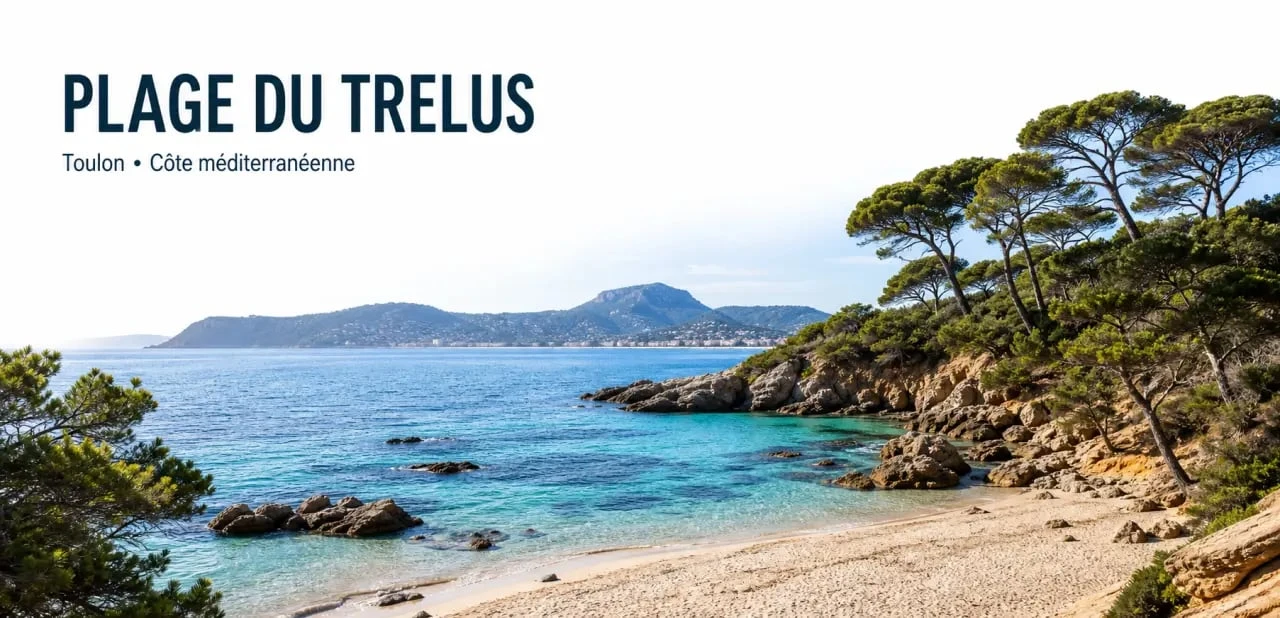 Vue panoramique de la plage du Trelus à Toulon, une crique préservée entre sable et rochers.