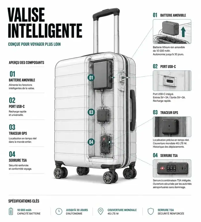 Schéma technique des composants d'une valise intelligente : batterie, GPS et serrure TSA.