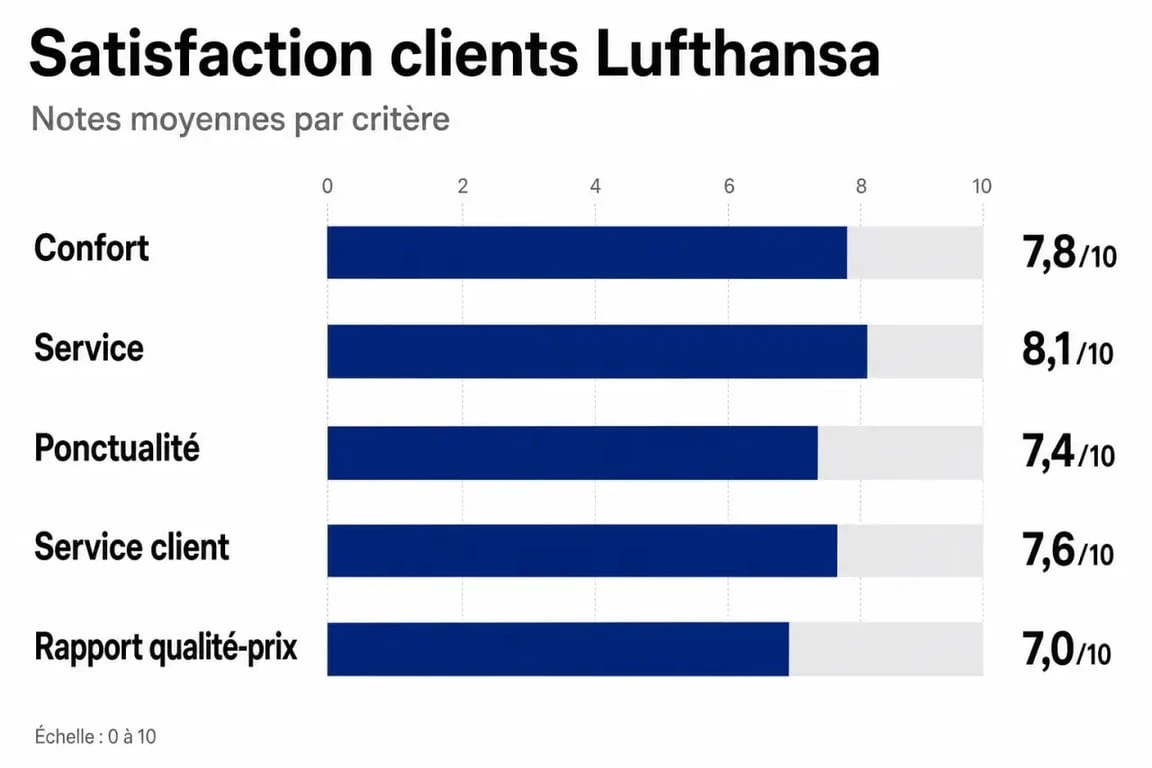 Infographie des avis clients Lufthansa : satisfaction par critère de voyage