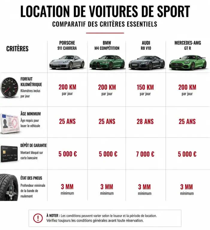 Comparatif des critères pour une location de voiture de sport premium