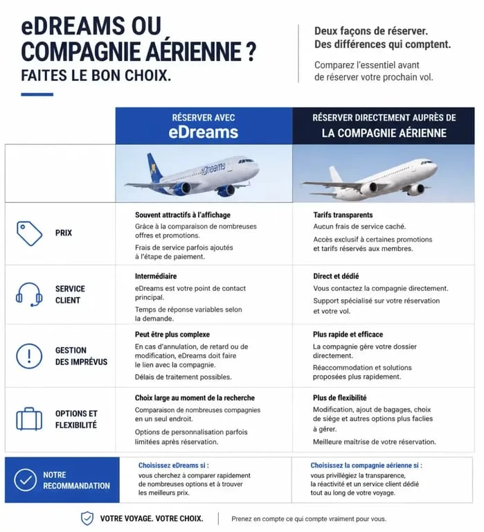 Infographie comparative : eDreams vs réservation directe compagnie aérienne pour vos avis eDreams