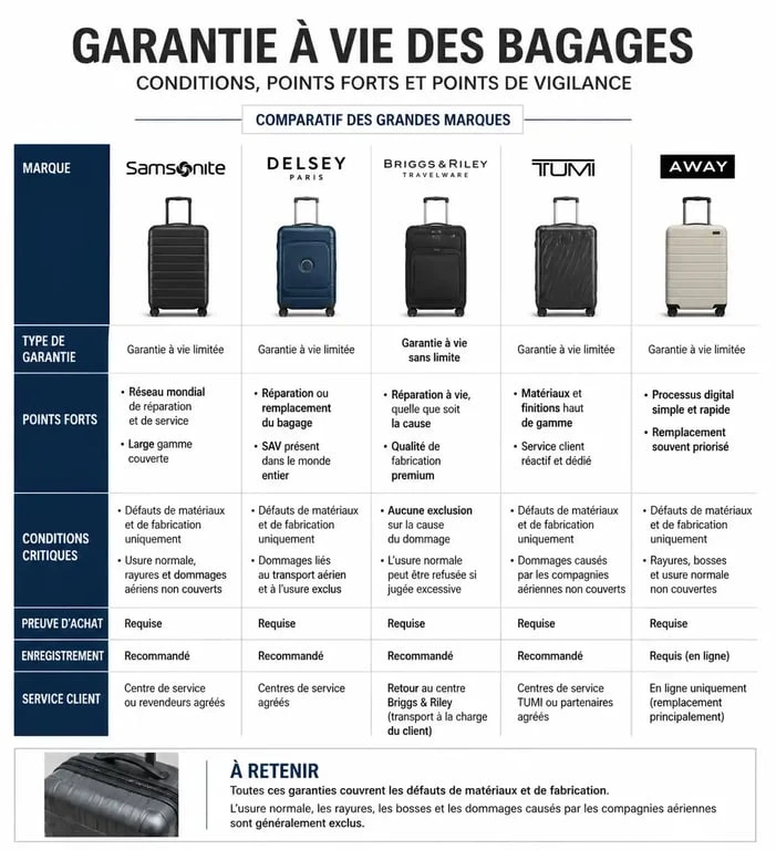 Tableau comparatif des garanties à vie pour valise de voyage haut de gamme