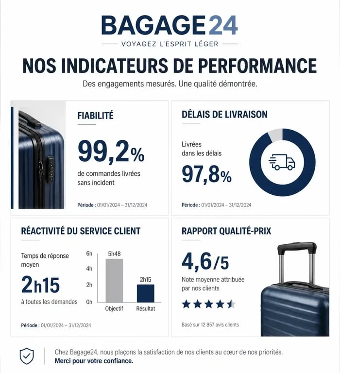 Infographie récapitulative des avis et points forts du site Bagage24 pour l'achat de valises
