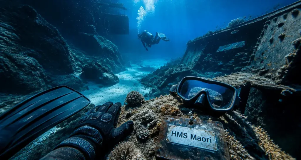 Malte plongée : plongeur près de l’épave HMS Maori, eau très claire à 30 m