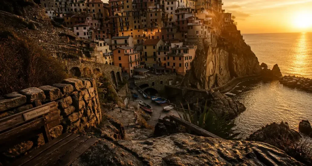 Manarola Italie au coucher du soleil, village et mer des Cinque Terre