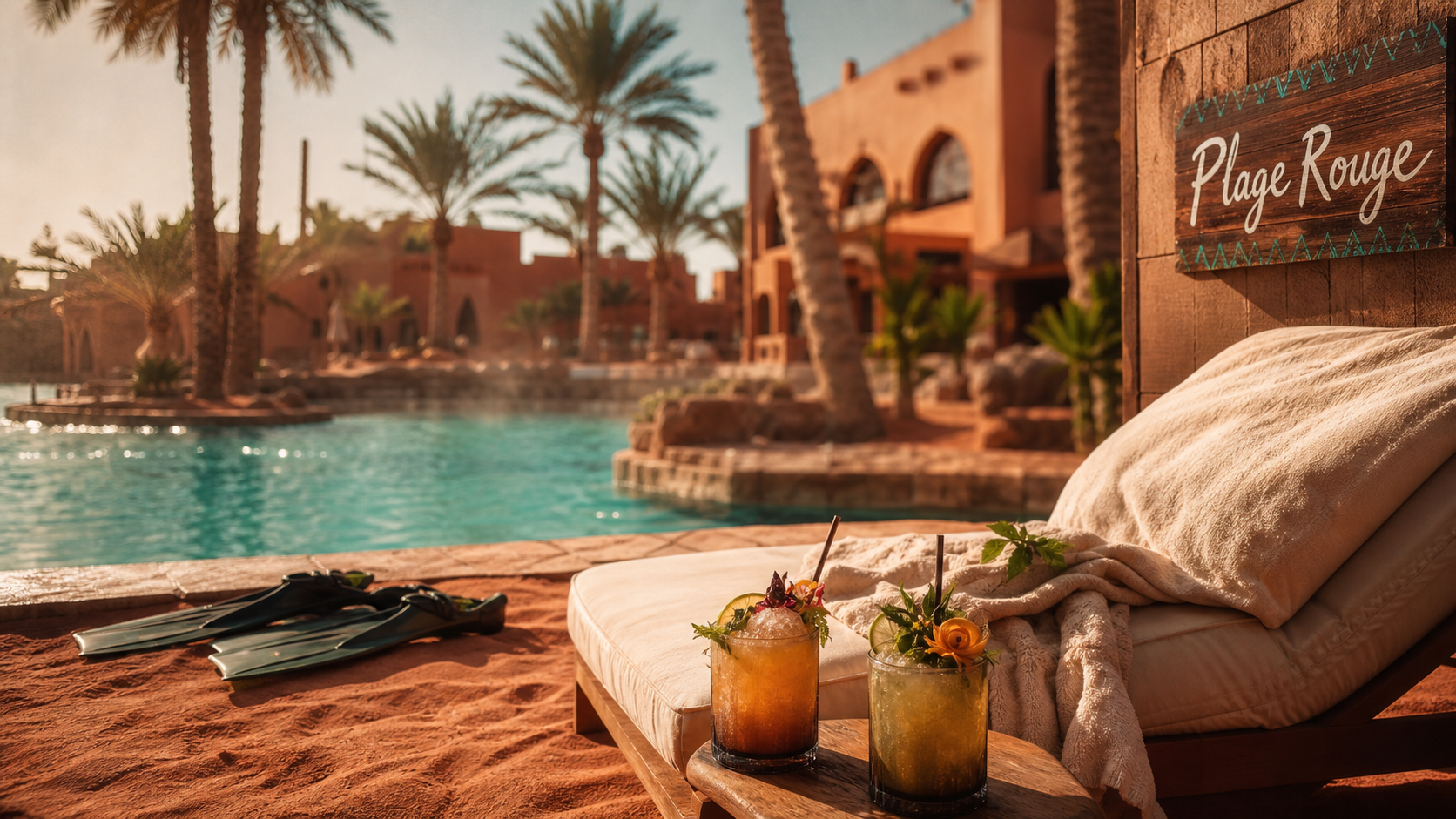 marrakech plage : bassin-lagon turquoise sur sable rouge