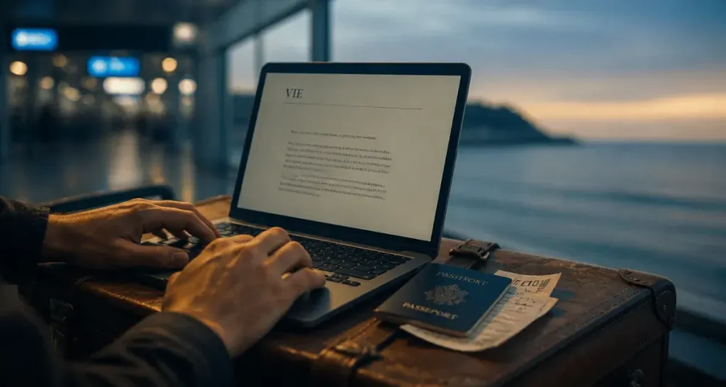 Payé pour voyager : laptop, passeport et carte d’embarquement en aéroport