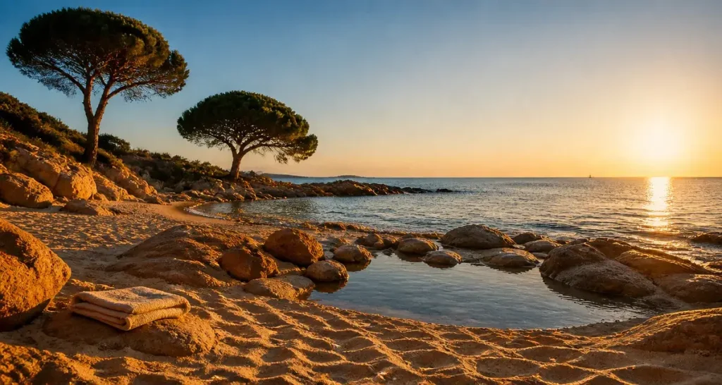 Plage du trelus à Toulon, crique au coucher du soleil