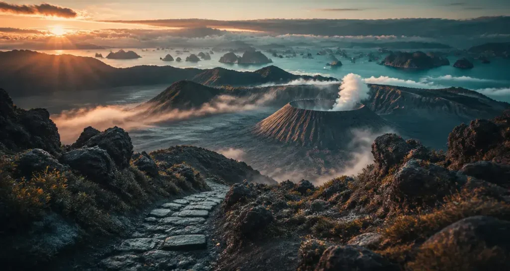 Plus beau pays d asie : vue du mont Bromo, sable et îlots karstiques turquoise