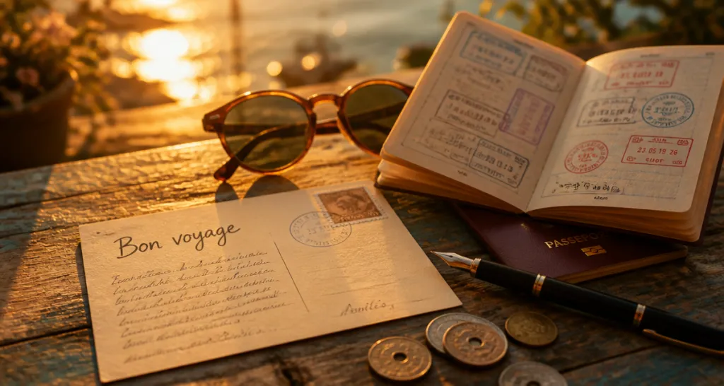 souhaiter un bon voyage carte postale sur table