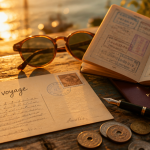 souhaiter un bon voyage carte postale sur table