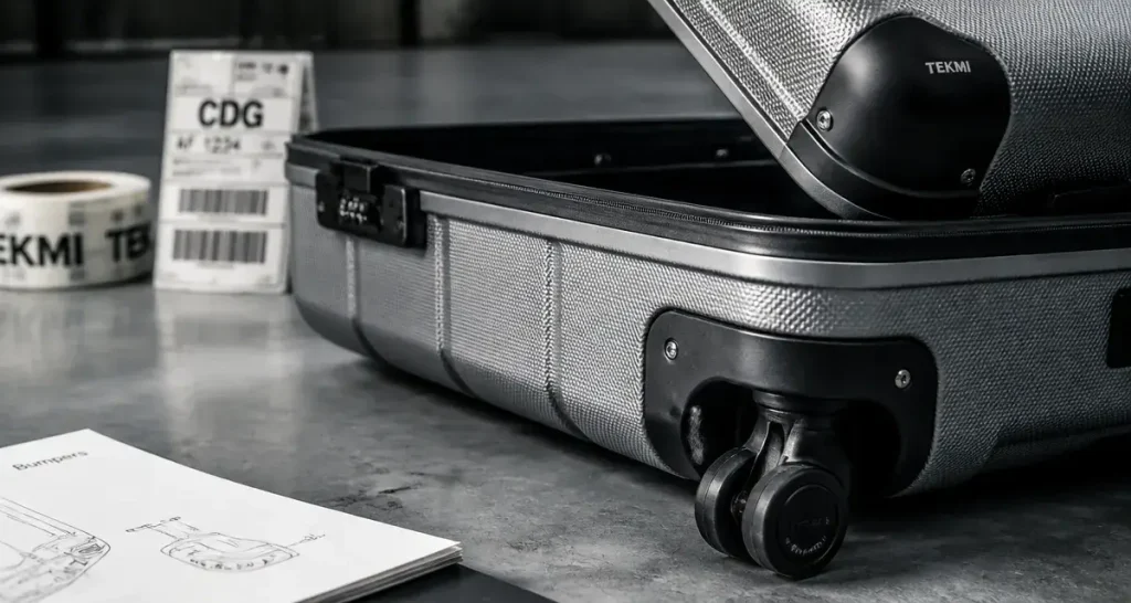 Tekmi valises : bumper de coin et roulette 360° visibles