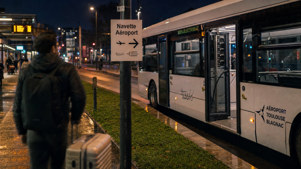 Toulouse navette gare aéroport : bus électrique au quai Matabiau, arrivée vers aéroport