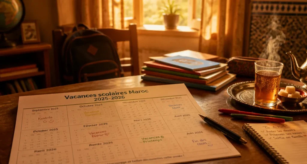 vacance scolaire maroc calendrier annoté sur bureau