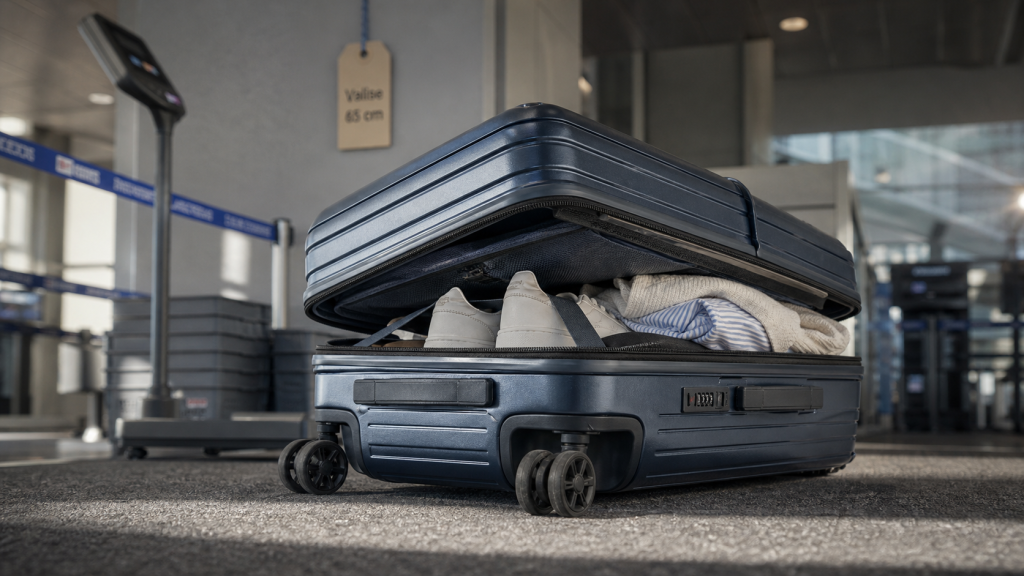 Valise 65 cm en intérieur d’aéroport, mode et roues