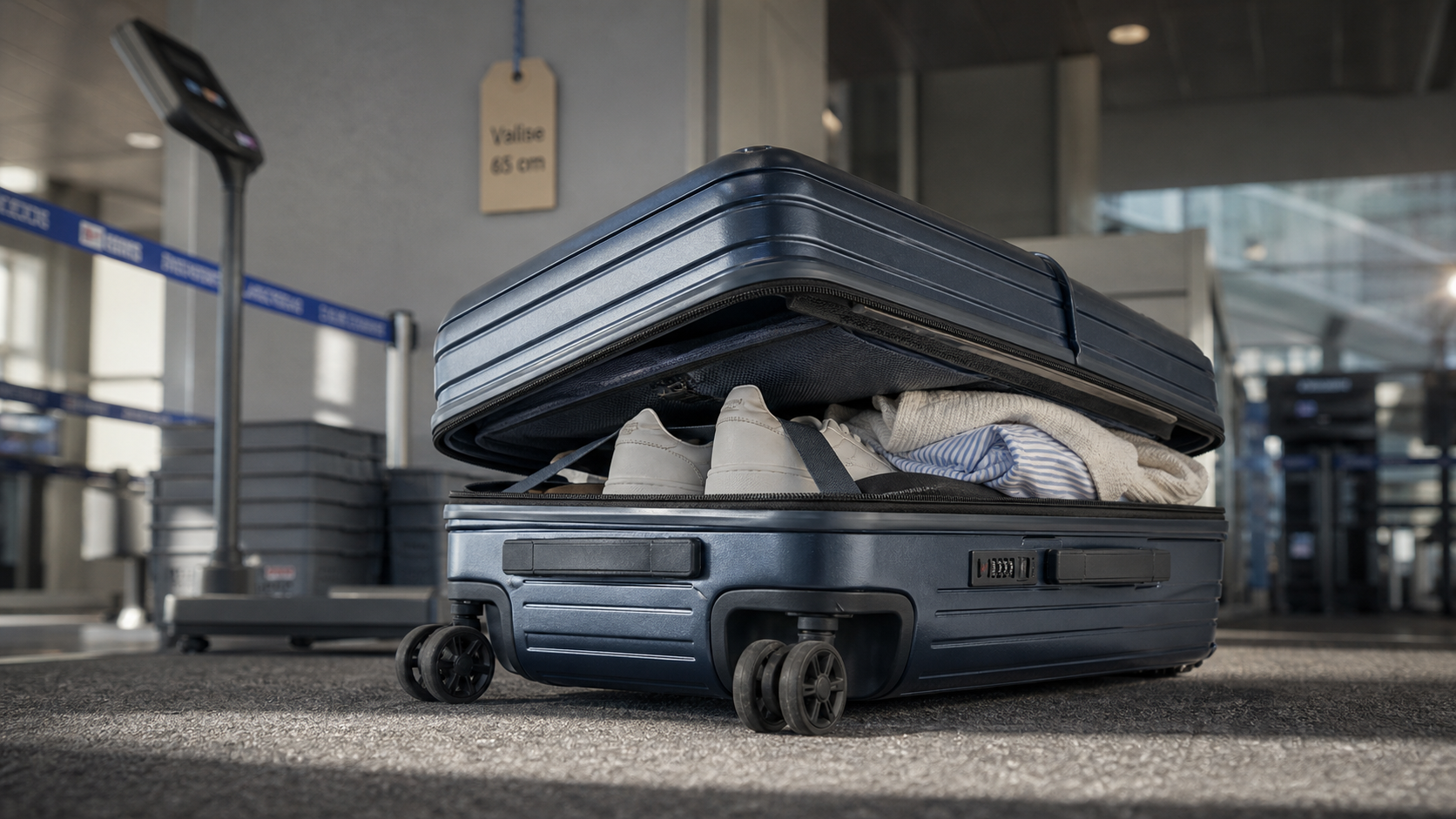 Valise 65 cm en intérieur d’aéroport, mode et roues