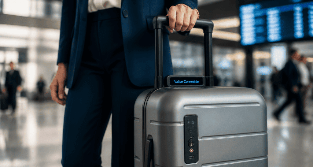 Femme avec valise intelligente en aéroport