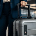 Femme avec valise intelligente en aéroport