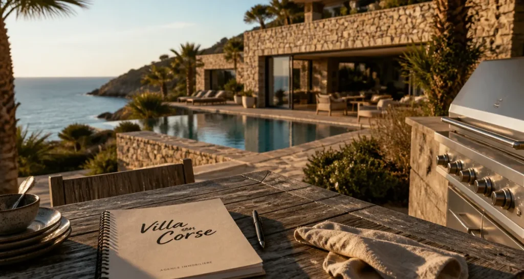 Villas à louer en Corse : terrasse avec vue mer et villa contemporaine