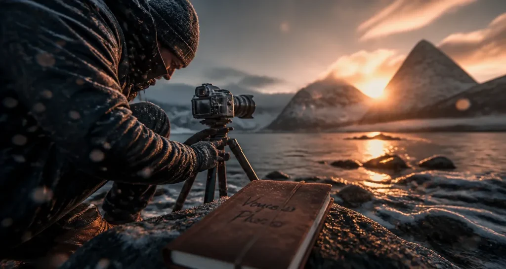 Voyage photos : photographe sur fjord avec trépied et montagnes