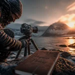 Voyage photos : photographe sur fjord avec trépied et montagnes