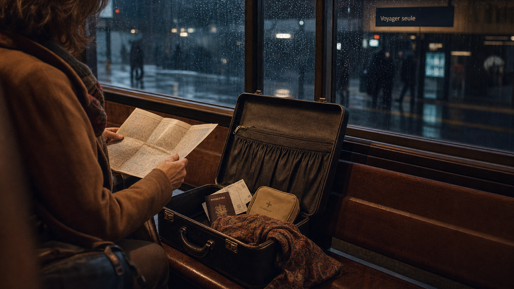 Voyager seule femme 50 ans en gare, valise et passeport