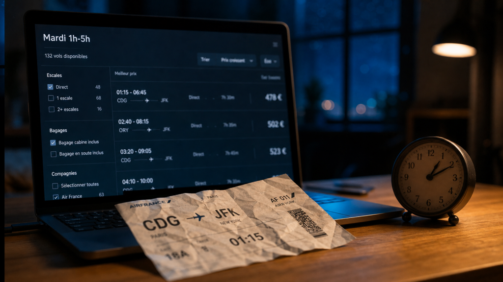 Acheter billet d'avion mardi entre 1h et 5h, horaires de nuit sur comparateur de vols