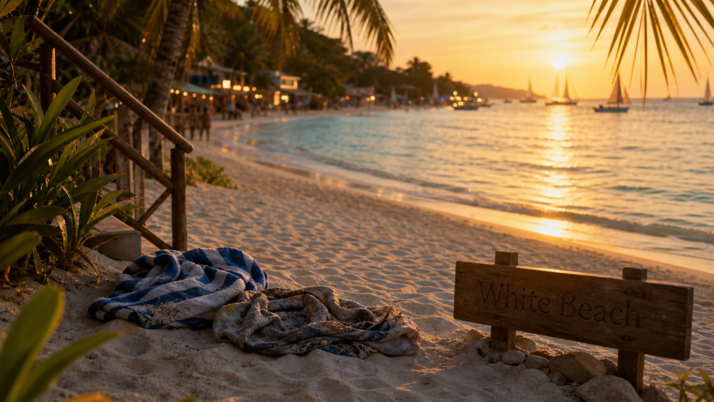 White Beach, Boracay Beach Philippines, sable blanc et eau turquoise au golden hour