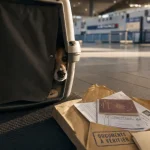 Chien par avion en caisse avec documents vétérinaires à l’aéroport