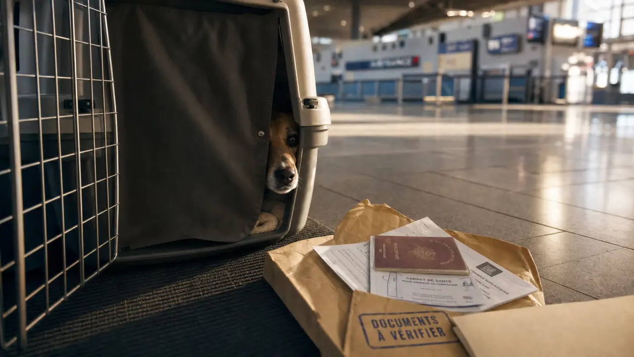 Chien par avion en caisse avec documents vétérinaires à l’aéroport