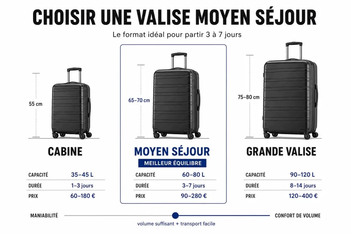 Valise moyen séjour : comparaison des tailles, capacités et prix pour choisir le bon format