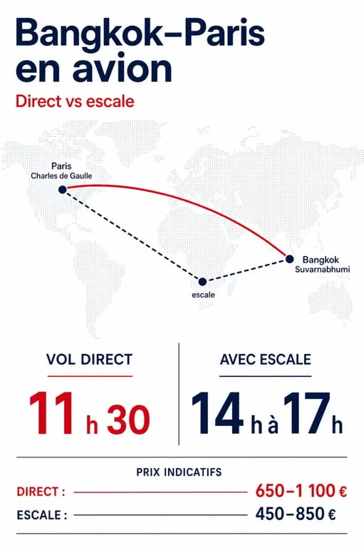 Bangkok Paris heure de vol : visuel comparatif des durées de vol direct et avec escale entre Suvarnabhumi et Paris Charles de Gaulle