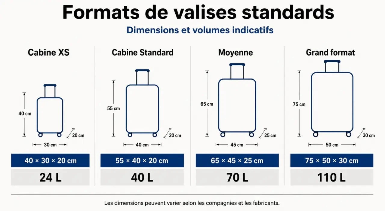 Infographie des dimensions et volumes des différentes tailles de valises pour le voyage