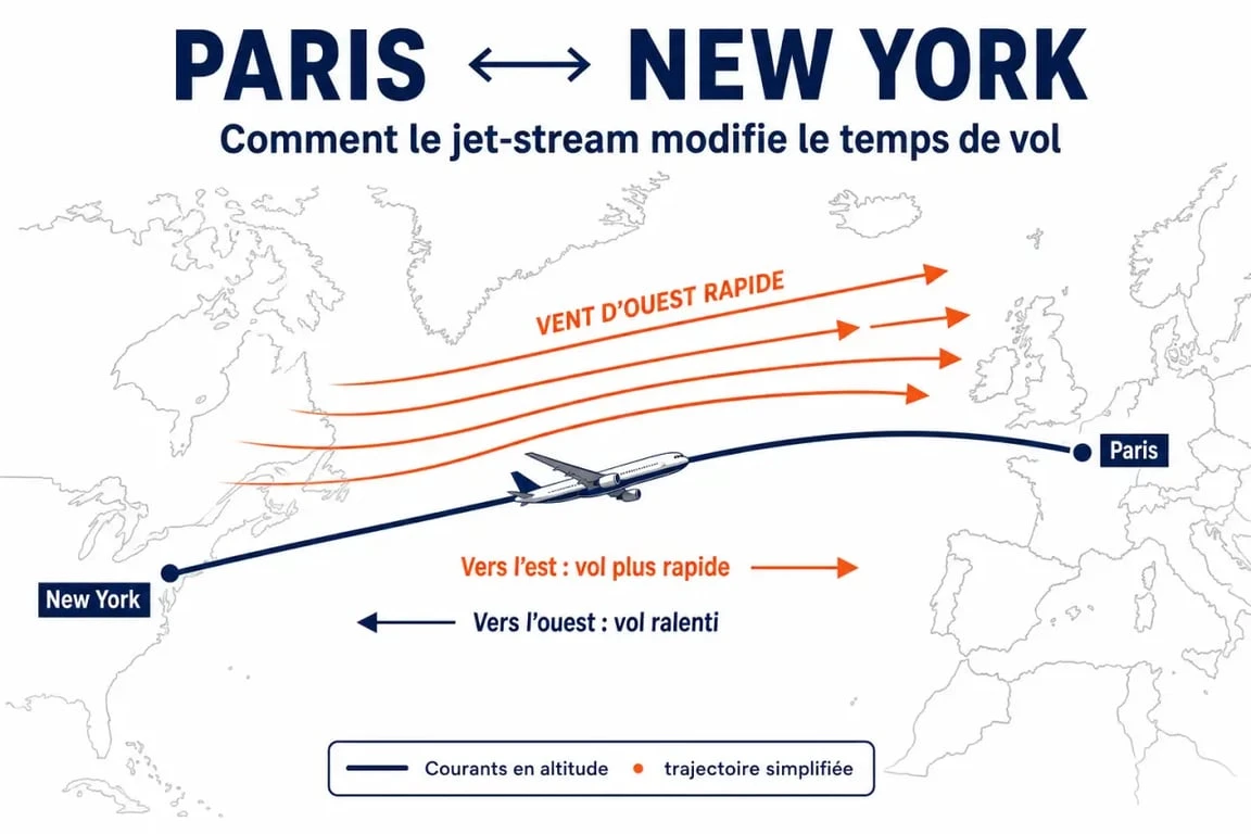 Schéma explicatif du jet stream influençant la durée du vol Paris New York en avion