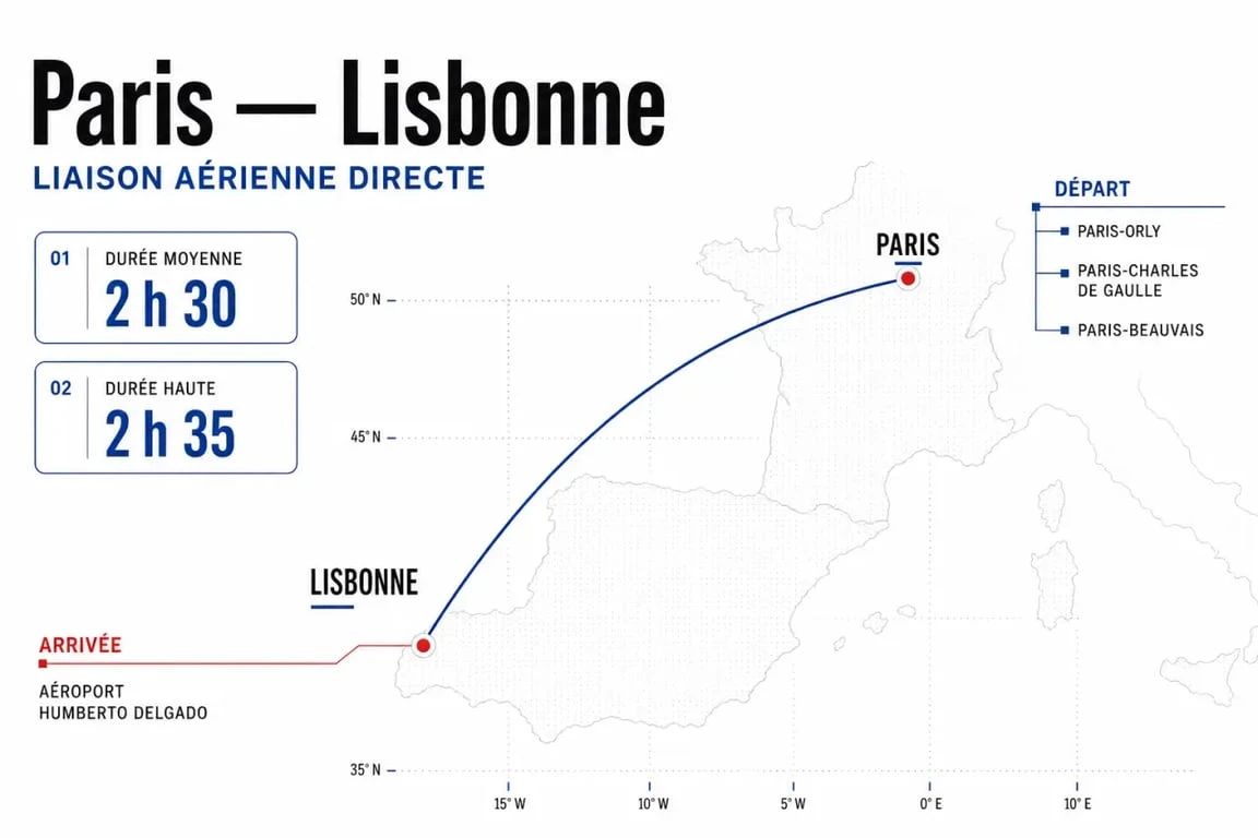 Durée vol Paris Lisbonne avec trajet direct, aéroports de départ et arrivée, et temps moyen de 2h30 à 2h35