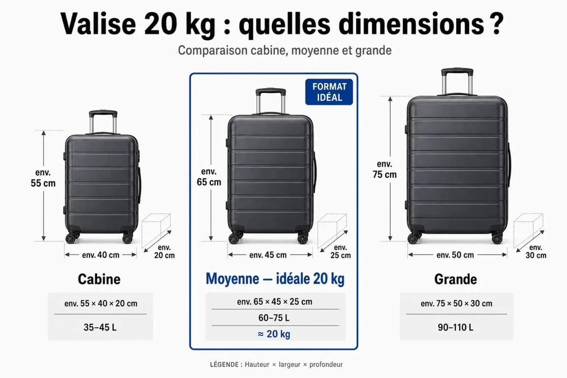 Valise 20 kg dimensions : infographie comparative des tailles de valise cabine, moyenne et grande