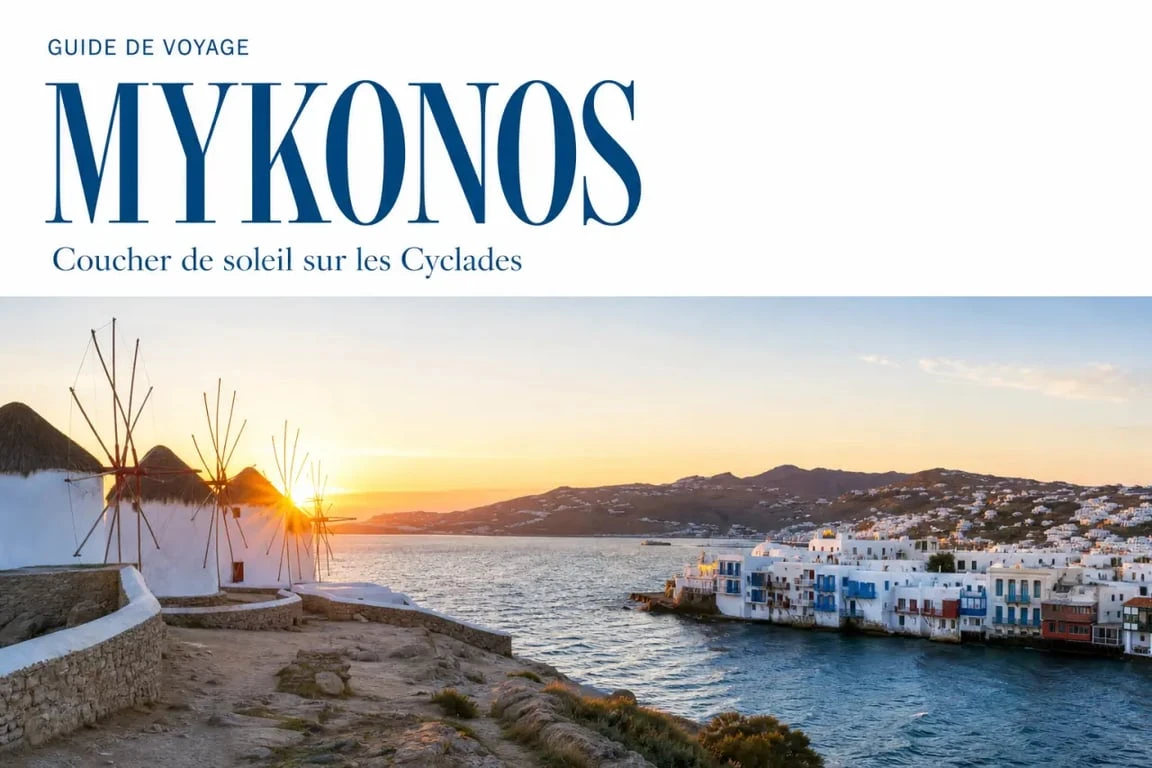 Mykonos visite : panorama de Hora, Petite Venise et moulins de Kato Mili au coucher du soleil