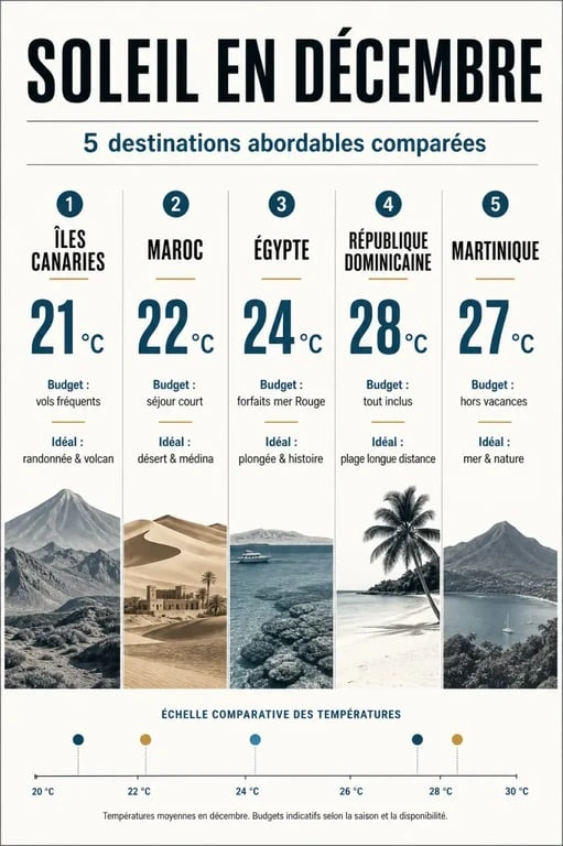 Pays chaud en décembre pas cher : comparatif visuel des destinations abordables au soleil