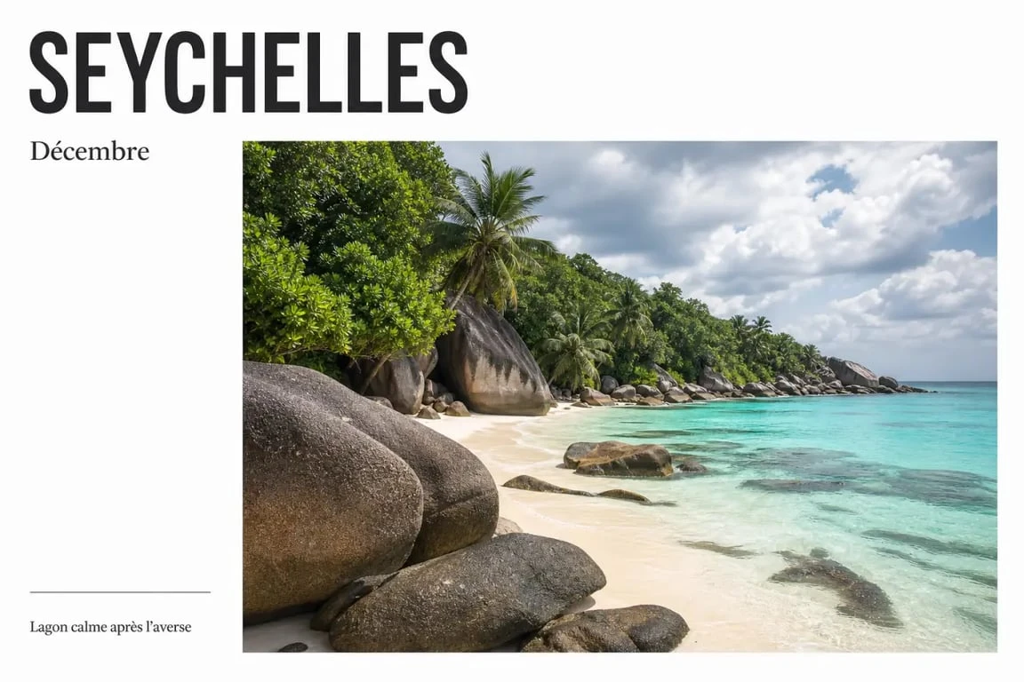 Seychelles en decembre : plage tropicale, lagon turquoise et ciel d’averse