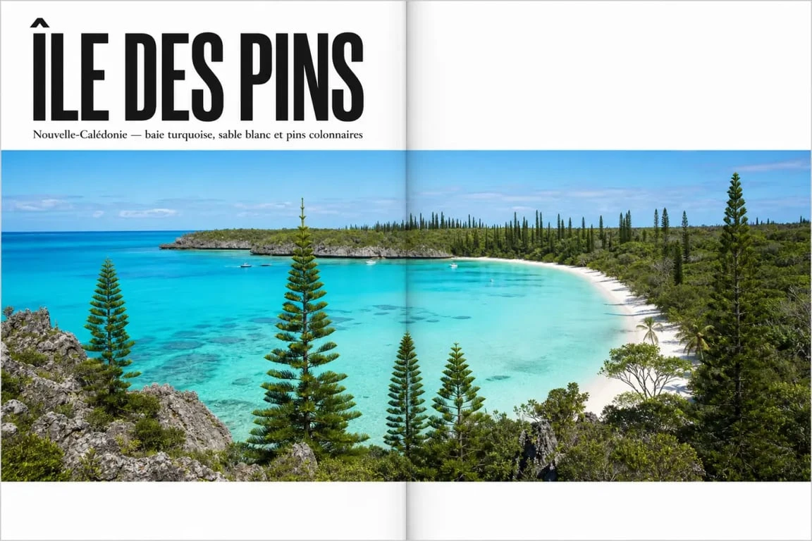 Île des Pins : vue panoramique sur une baie tropicale avec sable blanc, pins colonnaires et lagon turquoise
