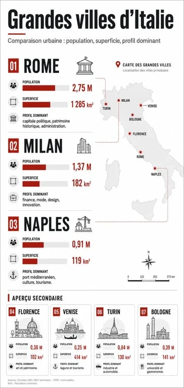Italie grande ville : comparaison visuelle de Rome, Milan et Naples avec Florence, Venise, Turin et Bologne