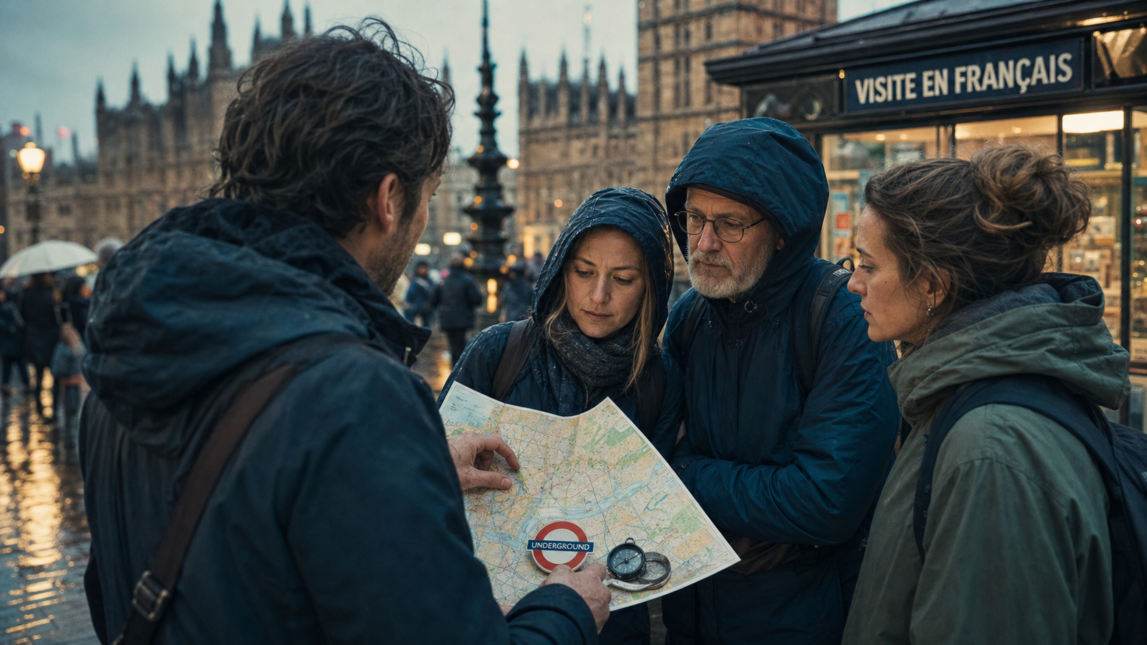 Londres visite guidée en français devant Westminster, groupe en manteaux