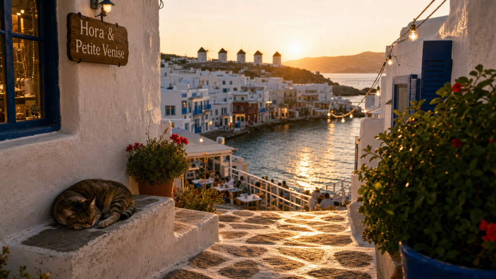 Mykonos visite : vue Hora vers Petite Venise, couch er du soleil et moulins