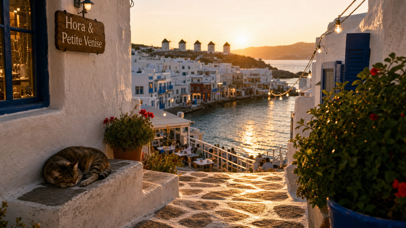 Mykonos visite : vue Hora vers Petite Venise, couch er du soleil et moulins