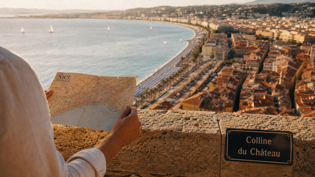 Nice itinéraires : vue Baie des Anges depuis la Colline du Château