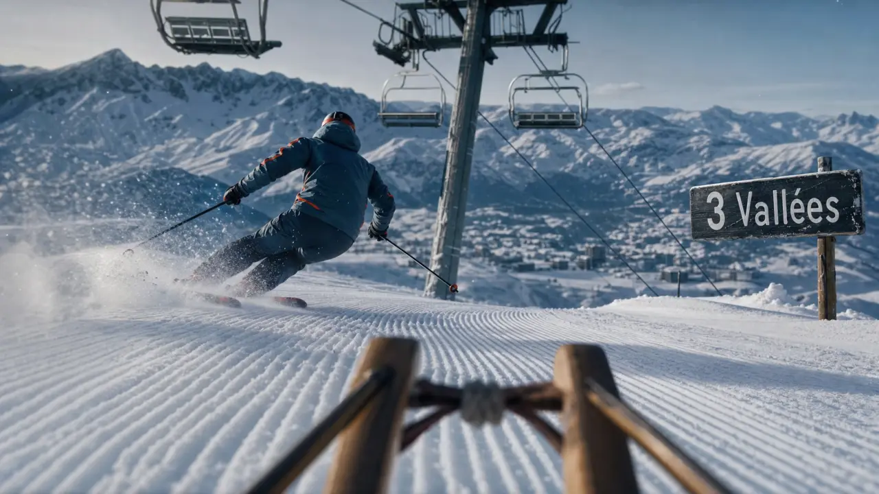 Plus grande station de ski du monde : Les 3 Vallées, pistes enneigées et skieur
