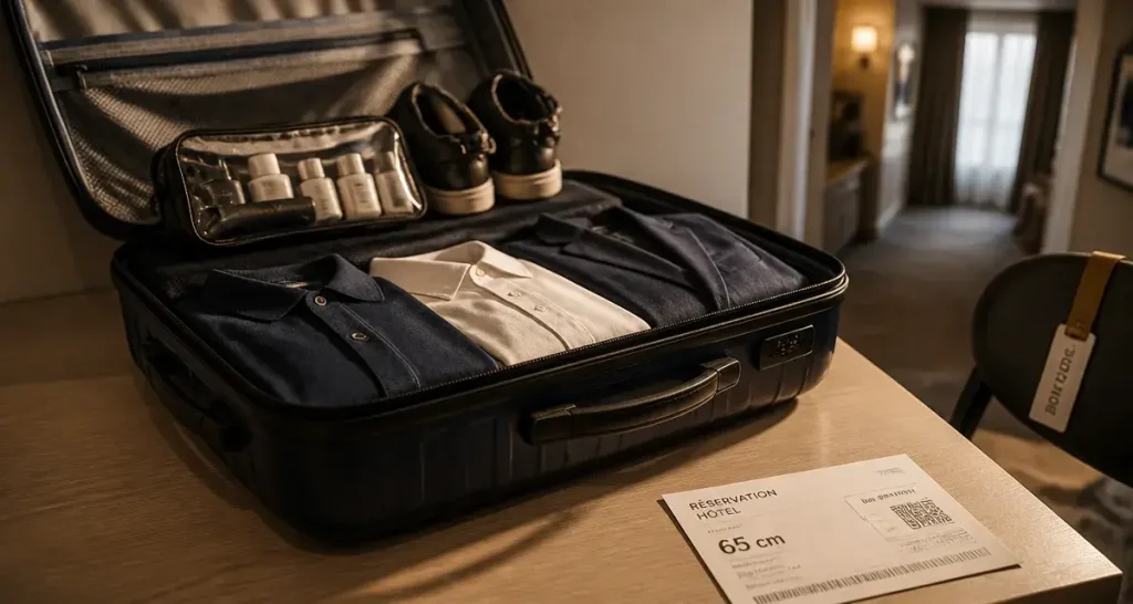 Valise moyen sejour 65 cm ouverte en hôtel, valise rigide