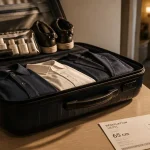 Valise moyen sejour 65 cm ouverte en hôtel, valise rigide