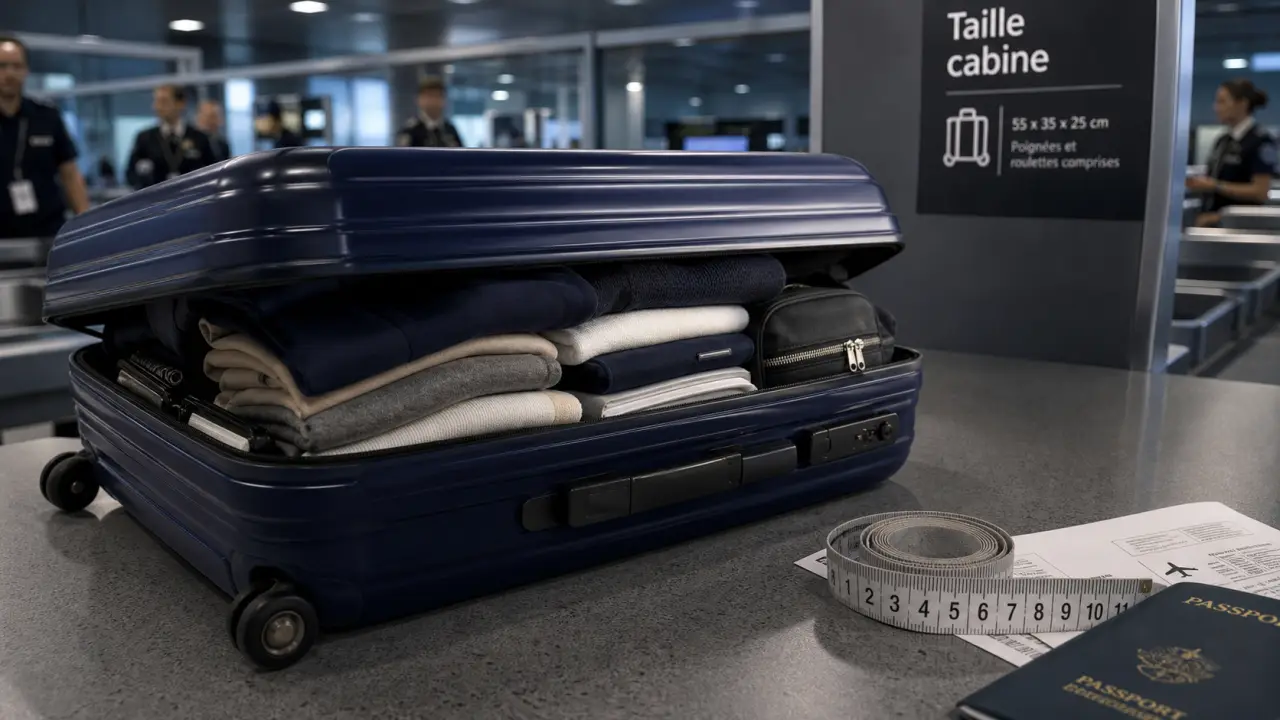 Valise taille cabine rigide ouverte avec vêtements et mètre ruban